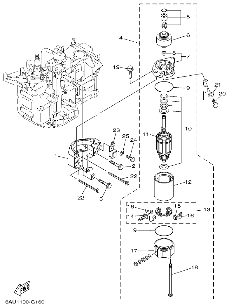 Yamaha 9JMH, 9JE STARTING MOTOR parts diagram
